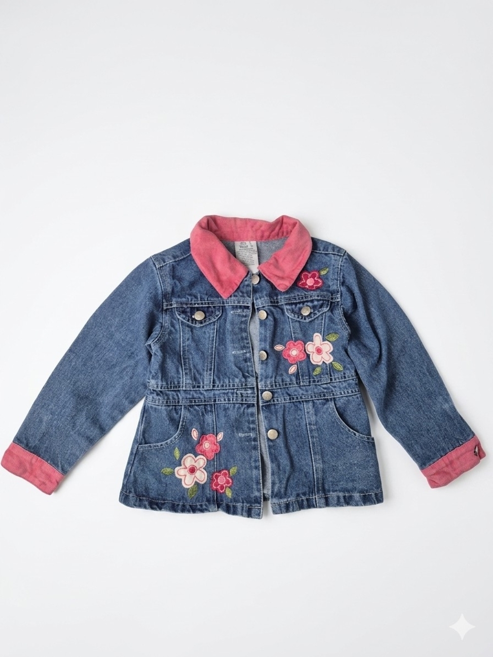 Vintage Young Hearts Floral Denim Jacket Girl's Size 5 Y2K Pink Suede Trim